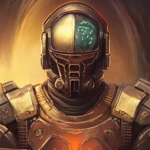 Image similar to the doomslayer as a realistic scifi cyberpunk knight, closeup portrait art by donato giancola and greg rutkowski, vintage retro scifi, realistic face, digital art, trending on artstation, symmetry!!!