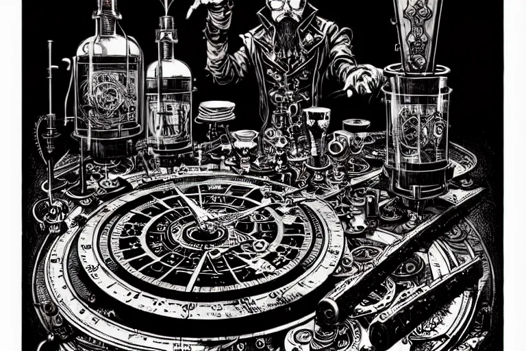 Image similar to steampunk alchemist wizard table with ornate lags, furniture, high details, bold line art, by vincent di fate and joe fenton, inking, etching, screen print, masterpiece, trending on artstation, sharp, high contrast, hyper - detailed,, hd, 4 k, 8 k