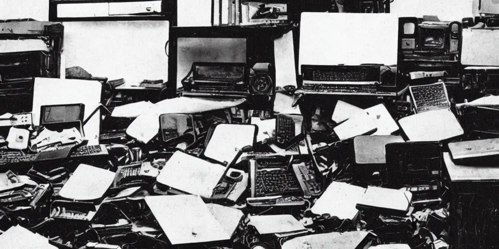 Prompt: very old black and white photo from 1898, film grain, a serious cat wearing glasses is surrounded by a pile of broken computers and telephones