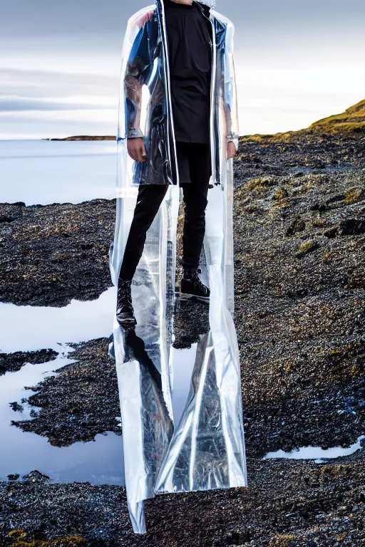 Image similar to an ultra high definition professional high fashion portrait studio full length photograph of a male model wearing a transparent pearlescent raincoat and neon visor in an icelandic black rock environment at dawn. no artefacts. extremely detailed. stark. refraction. shallow depth of field. volumetric light and shadow. ray tracing. light rays.