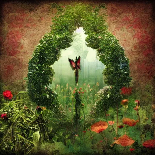 Image similar to overgrown abstract garden, very surreal in the style of christian schloe