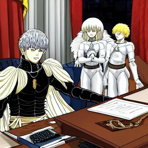 Prompt: a person cosplaying griffith from berserk manga by kentaro miura sitting at his white house oval office desk