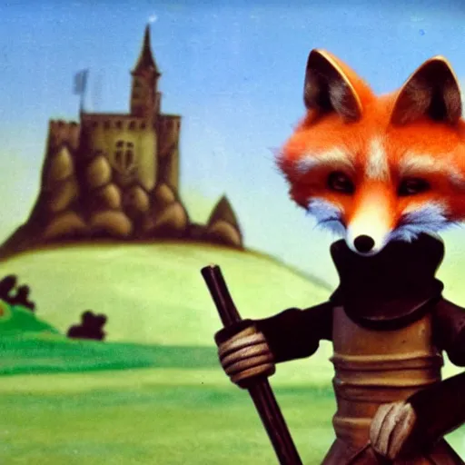 Image similar to anthropomorphic fox!! who is a medieval knight holding a swo - rd towards a stor - my thundercloud [ 1 9 3 0 s film still ], ( castle in the background )