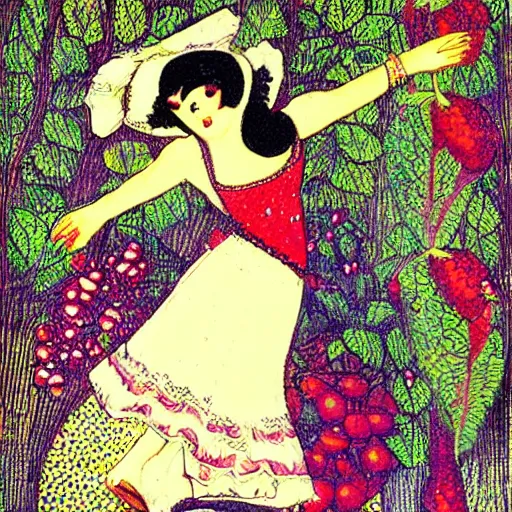 Prompt: “a berry girl dancing, by Beardsley”