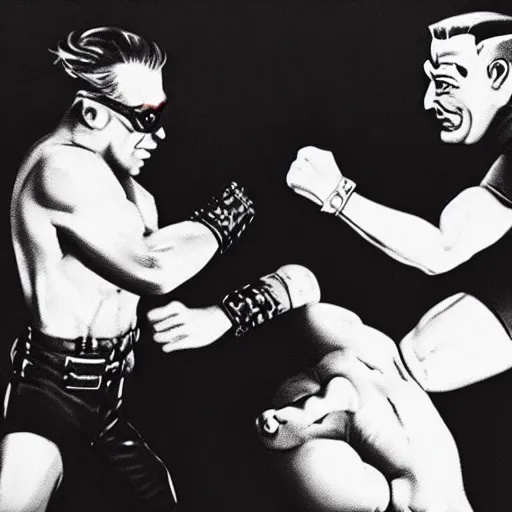 Prompt: UHD candid photo of Duke Nukem Punching Hitler, with accurate faces, UHD, photorealistic, correct faces, real hitler, photo by Annie Leibowitz