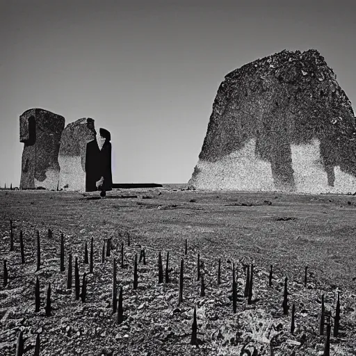 Prompt: radioactive spike field, monolithic granite spikes, one lone person standing in front of the spikes, creepy monotone black and white lighting, post nuclear fallout, desolate, no life, high resolution, old photo, style of salvador dali, van gogh