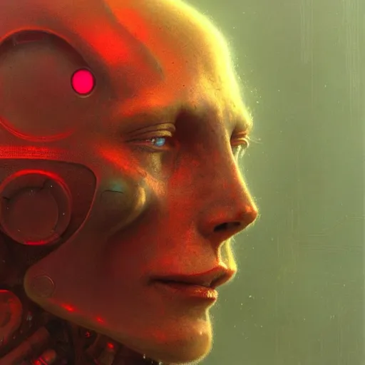 Image similar to detailed concept art portrait of a high - tech humanoid robot on a depth of field background, artstation, award - winning realistic sci - fi concept art by jim burns and greg rutkowski, beksinski, a realism masterpiece, expressive color palette, james gilleard, bruegel, alphonse mucha, and yoshitaka amano