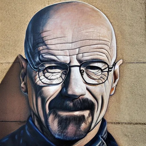 Prompt: street mural of a smiling walter white, high realism, photograph