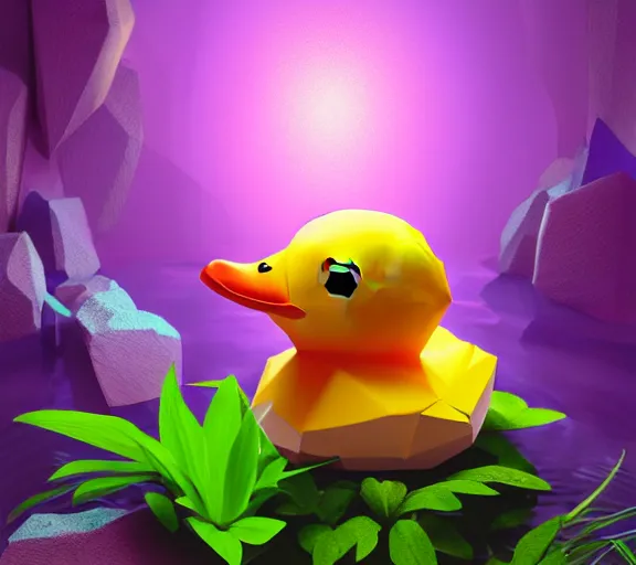 Prompt: diamond in the shape of a low - poly rubber duck floating in a pool of purple perfume surrounded by plants, inside a cave, glistering magic particles, ambient lighting, photorealism, mystical, enigmatic, digital oil painting, trending on artstation
