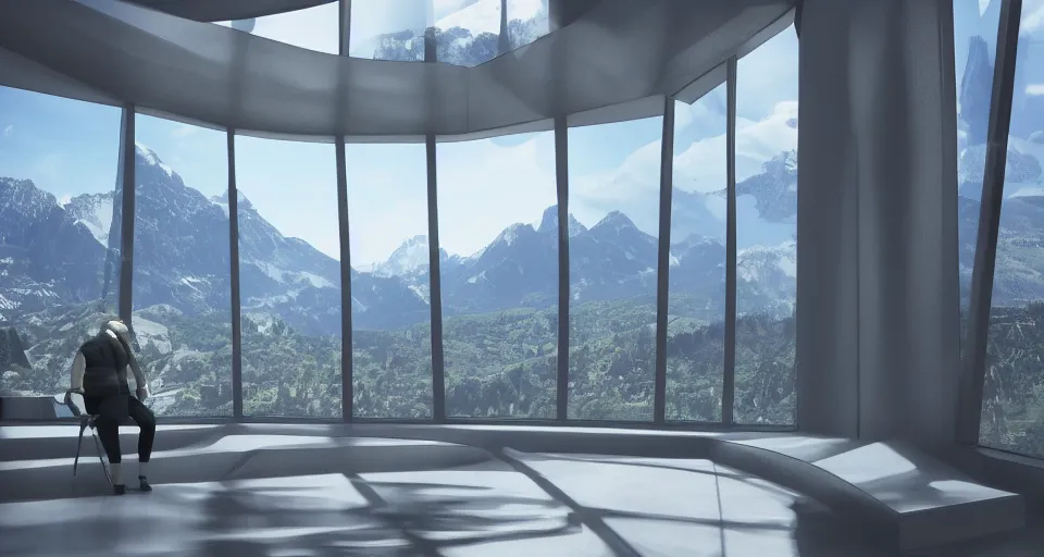 Image similar to looked at big window, architectural, mountains in background, sunny day time, clear sky, futuristic, furnitures, ultra realistic, ultra detailed, cinematic light, anamorphic