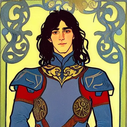 Image similar to painting of young handsome beautiful paladin elf! man with long wavy dark hair in his 2 0 s named shadow taehyung at the blueberry party, wearing armor!, elegant, clear, painting, stylized, delicate, soft facial features, art, art by alphonse mucha, vincent van gogh, egon schiele,