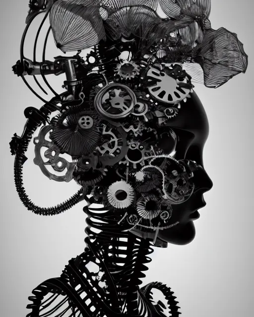 Image similar to black and white dreamy foggy profile face portrait, one steampunk cat eye biomechanical beautiful young female cyclope - cyborg - robot bust, body ribs meshes,, volumetric light, hibiscus flowers, by hg giger, rim light, by dora maar and cecile beaton, big gothic fashion pearl embroidered collar, 8 k