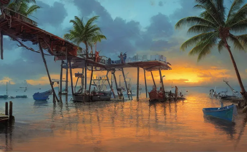 Image similar to a little fisher village on a tropical island, ( ( wood pier and houses, nets and boats ) ), scenic view, sunset, matte painting by marc simonetti and rhads and donato giancola, trending on artstation