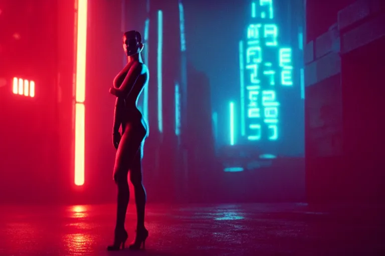 Image similar to film still of closeup cyborg beautiful model in blade runner 2 0 4 9, space port, cinematic, moody, gritty neon noir by emmanuel lubezki