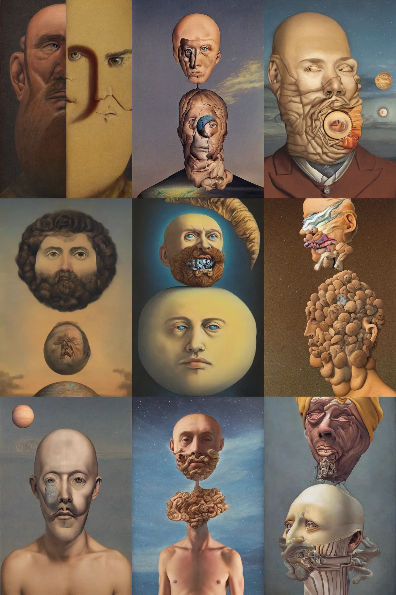 Prompt: A detailed surrealism painting of a man with a head looking like Jupiter