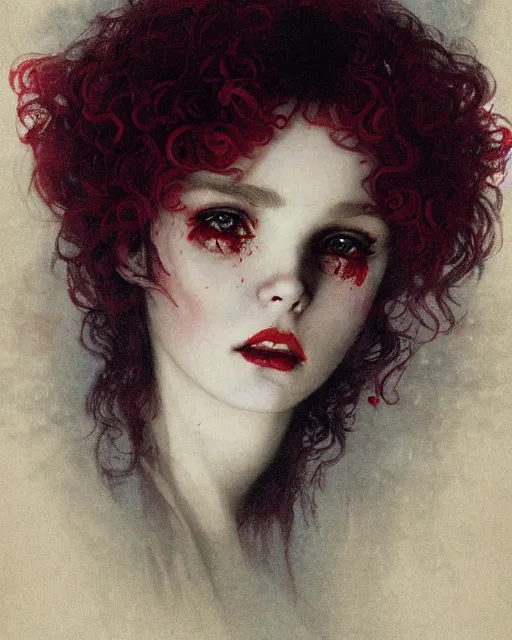 Prompt: a beautiful but sinister girl in layers of fear, with haunted eyes and curly hair, 1 9 7 0 s, seventies, delicate embellishments, a little blood, crimson, painterly, offset printing technique, by alexandre cabanel