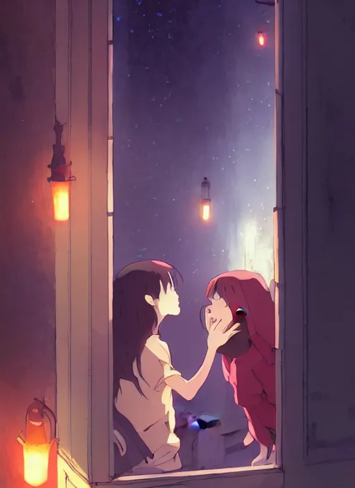 Prompt: boy kiss girl from a window where vine around. sad night, narrow street. illustration concept art anime key visual trending pixiv fanbox by wlop and greg rutkowski and makoto shinkai and studio ghibli