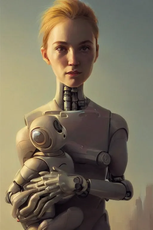 Prompt: female robot portrait, holding young baby, dystopian, digital painting, sculpted in zbrush, artstation, concept art, sharp focus, illustration, chiaroscuro lighting, golden ratio, rule of thirds, incredible art by artgerm greg rutkowski wlop simon stalenhag