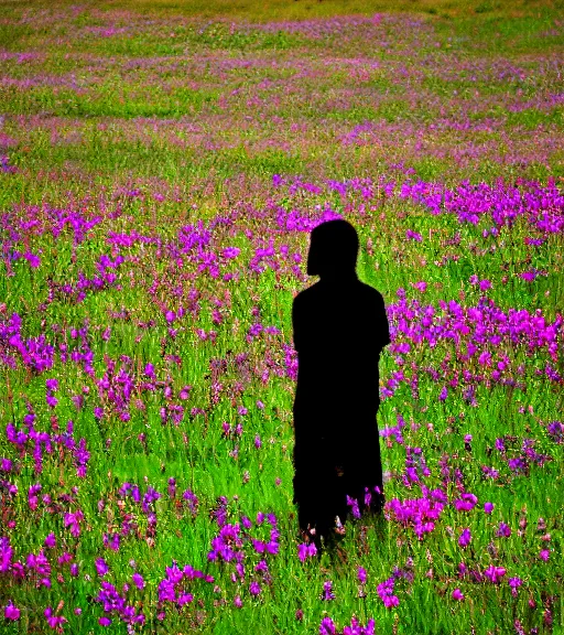 Prompt: tall shadow person standing in beautiful meadow of flowers, film photo, grainy, high detail, high resolution