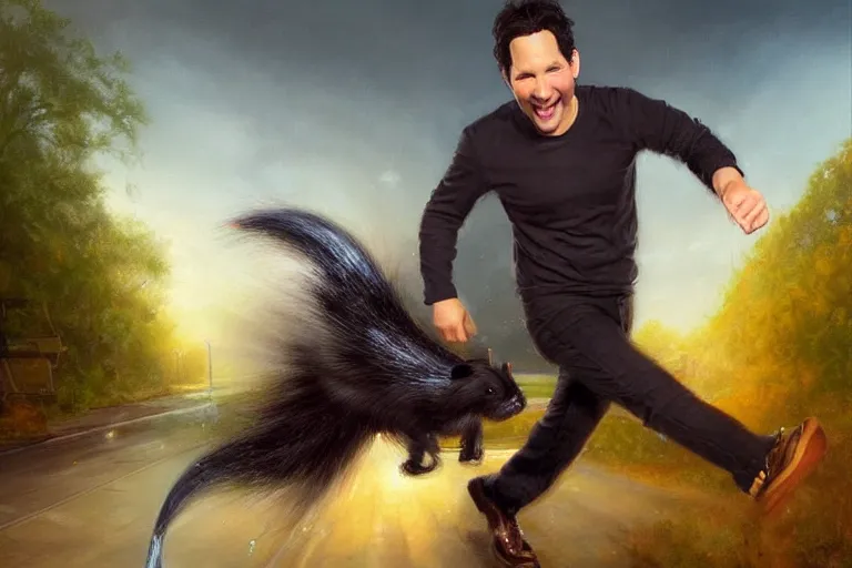 Prompt: paul rudd chasing a skunk late night, an oil painting by ross tran and thomas kincade