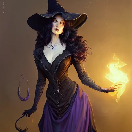 Image similar to an insanely detailed portrait of a beautiful witch with long dark purple hair standing in an smoky alchemy lab, tightly fitting black ornate dress and black witch hat, in the style of peter mohrbacher, artgerm, dramatic lighting and composition, octane render, trending on artstation, concept art 8 k