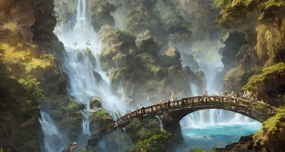 Image similar to A beautiful digital painting stone footbridge, waterfall, lovely valley by Stanley Artgerm Lau, frank frazetta, Rossdraws, James Jean, gerald brom, Andrei Riabovitchev, Marc Simonetti, and Sakimichan, trending on artstation