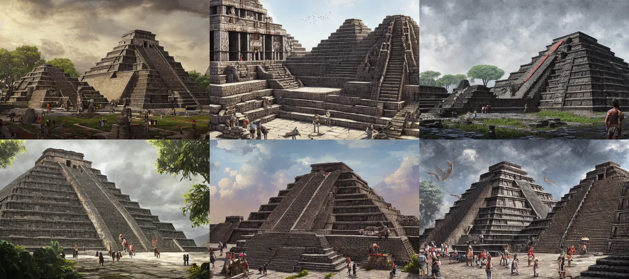 Prompt: an aztec temple in tenochtitlan, hot and humid, summer season, architecture, a realistic digital painting by greg rutkowski and james gurney, trending on artstation, very highly detailed, 8 k