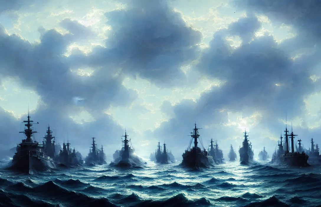 Prompt: armada of 1 9 th century warships on a rough sea, blue sky, fantasy, concept art, high angle, highly detailed, warm lighting, volumetric, godrays, vivid, trending on artstation, by jordan grimmer, greg rutkowski