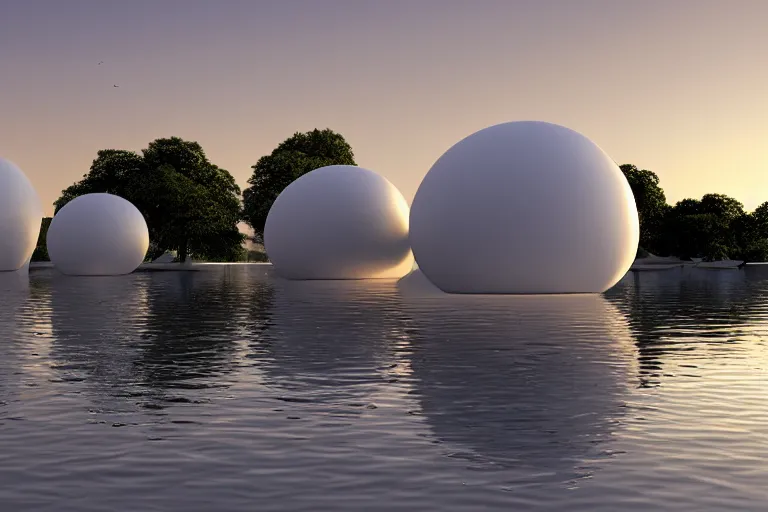 Image similar to many white round spherical buildings are crowded and combined to form a building on the calm lake, by pierre bernard, on the calm lake, people's perspective, future, interior wood, dusk, unreal engine highly rendered, global illumination, radial light, internal environment