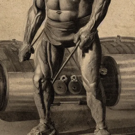 Image similar to a muscular bald man carrying engines on his back, technical diagram