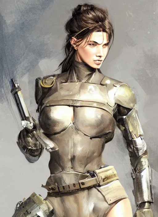 Image similar to a professionally painting of an attractive young female, partially dressed in military armor, olive skin, long dark hair, beautiful bone structure, perfectly proportioned, symmetrical facial features, intricate, elegant, heroic pose, digital painting, concept art, illustration, sketch-like, sharp focus, finely detailed, from Metal Gear, by Ruan Jia and Mandy Jurgens and William-Adolphe Bouguerea