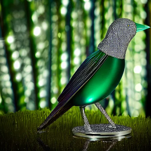 Image similar to a real life bird made out of crystal andextremely reflective metal, background is a green forest, studio lighting, award winning photo