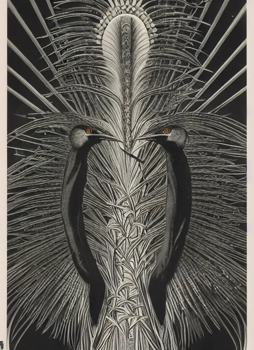 Prompt: art deco poster of the night - crowned black heron by mc escher, by ernst haeckel