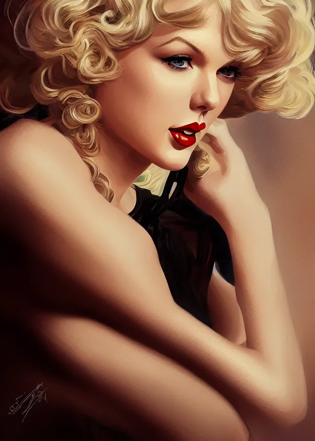 Image similar to portrait of taylor swift as a young marilyn monroe, elegant, flat lighting, intricate, highly detailed, digital painting, artstation, concept art, smooth, sharp focus, illustration, closeup, misa amane, art by simon bisley and greg rutkowski and alphonse mucha, novel cover