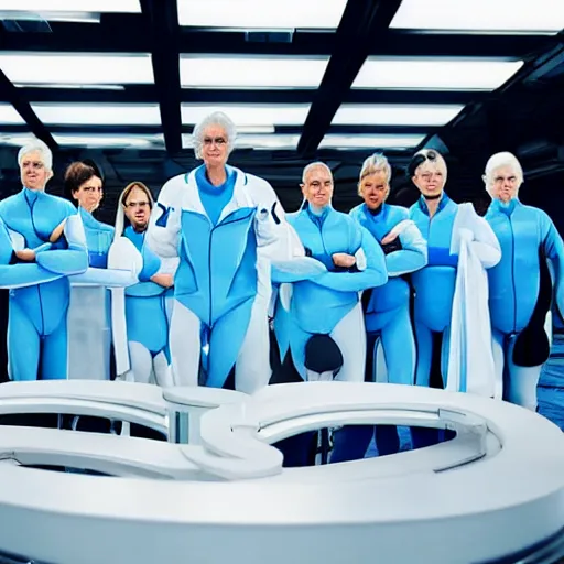 Prompt: group of athletic humans with light blue neoprene suits and white hair standing in tight formation on a conveyor belt, futuristic laboratory, sci - fi, highly detailed, hyperrealistic