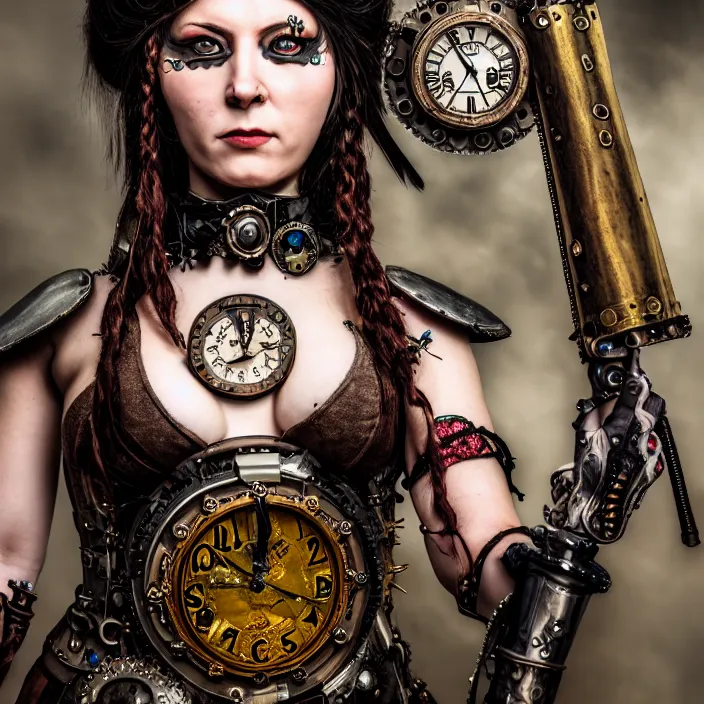 Prompt: full length portrait photograph of a real-life beautiful woman clockpunk warrior. Extremely detailed. 8k