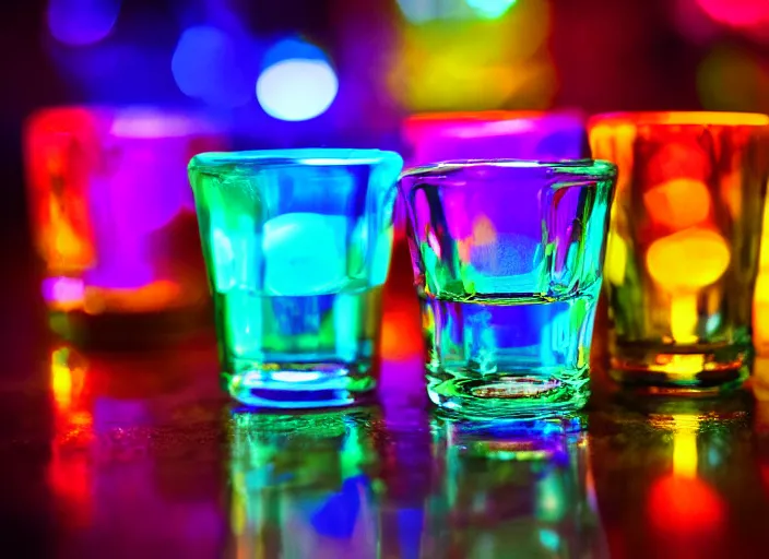 Prompt: artistic photo of shotglasses on a bar. Colorful lights.