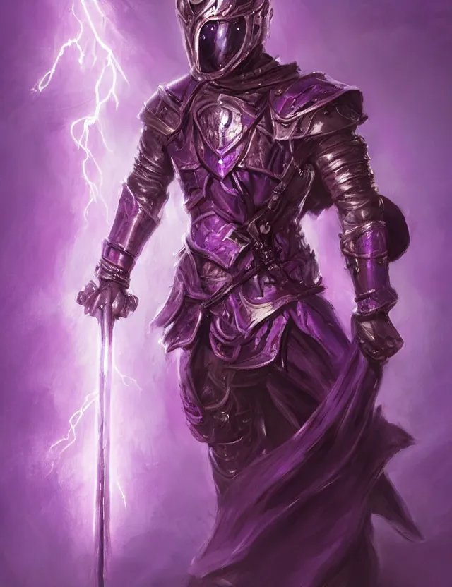 Image similar to a masked warrior in purple armour glowing violet, wielding a large purple sword that flashes with lightning, by frank fazetta and peter mohrbacher, trending on artstation, digital art, 4 k resolution, detailed, high quality, hq artwork, coherent, insane detail, concept art, character concept, character full body portrait