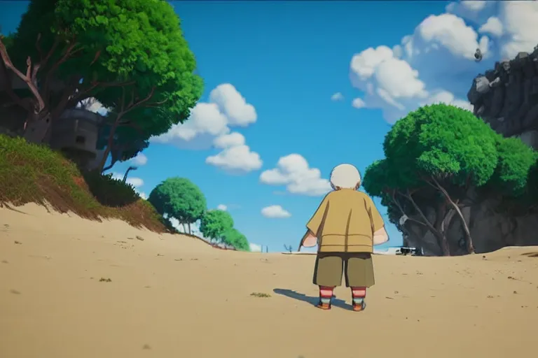 Prompt: semi realistic first person studio ghibli shooter game trailer on a shining beach, cinematic lighting, ray tracing, unreal engine 5, photorealistic