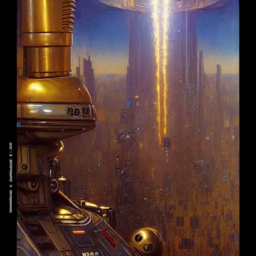 Prompt: portrait c 3 po. spaceship futuristic city. shadowrun cyberpunk fantasy d & d painting by gaston bussiere craig mullins jc leyendecker gustav klimt artgerm greg rutkowski john berkey, bergey, craig mullins, ruan jia, raymond swanland, tom lovell