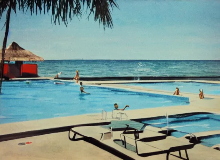 Image similar to pool at the beach. no people. nostalgic. 6 0 s styled art