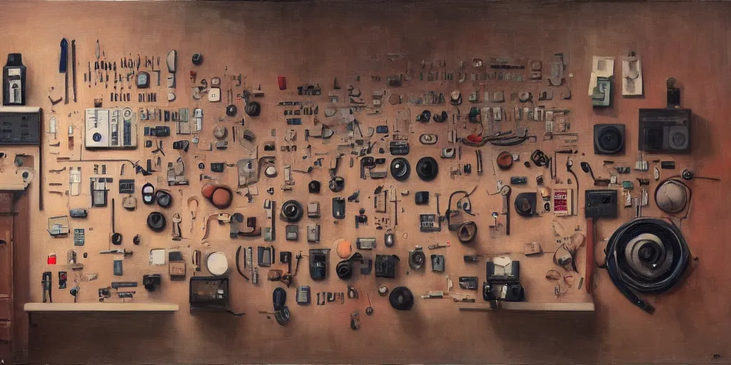 Prompt: Oil on canvas, knolling equipment for music production. In the style of The Grand Budapest Hotel (2014)