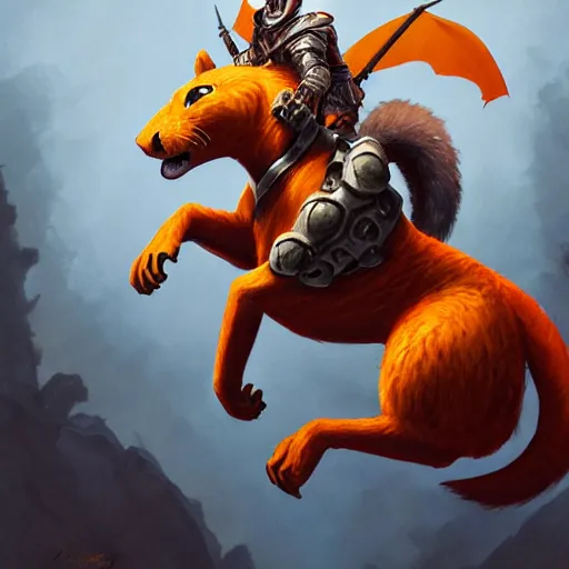 Image similar to Squirrel knight riding tiger, magic the gathering artwork, D&D, fantasy, cinematic lighting, centered, symmetrical, highly detailed, digital painting, artstation, concept art, smooth, sharp focus, illustration, volumetric lighting, epic Composition, 8k, art by Akihiko Yoshida and Greg Rutkowski and Craig Mullins, oil painting, cgsociety