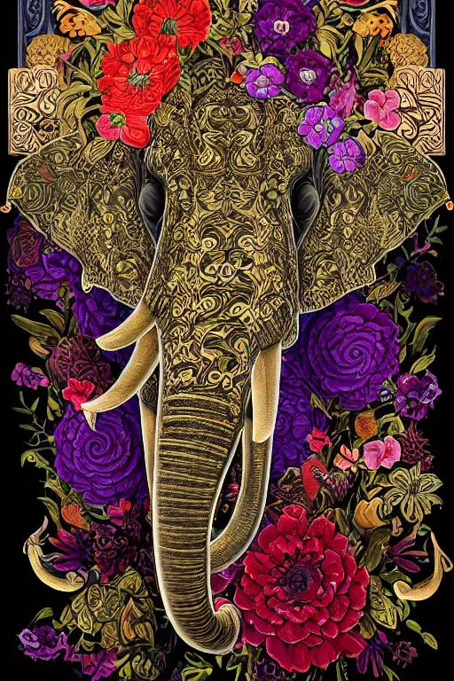 Prompt: Painted dark-wood relief carving of a Flowerpunk Matriarch Elephant, explosion of colorful flowers, dark wood, intricately carved, black ink, festival of rich colors, intricate details, cinematic lighting, volumetric lighting, post-processing, by andreas rocha and john howe, and Martin Johnson Heade, featured on artstation, featured on behance, golden ratio, hyper detailed, photorealistic, epic composition, center spotlight, f32, well composed, UE5, 8k