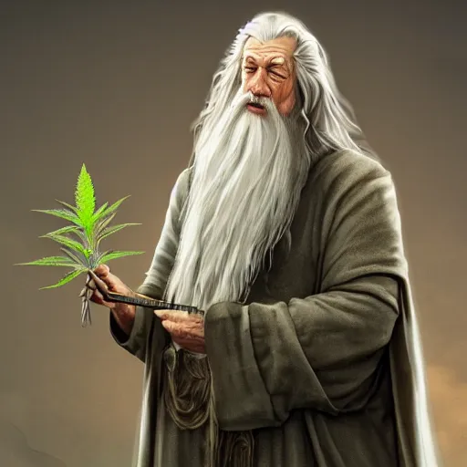 Prompt: Gandalf holding a marijuana plant, digital art, highly detailed, trending on artstation