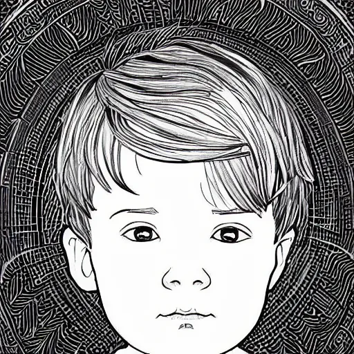 Image similar to clean simple line art of a little boy with short hair. no background. well composed, clean coloring book page, beautiful detailed face. coloring book line art by greg rutkowski and johanna basford and alphonse mucha