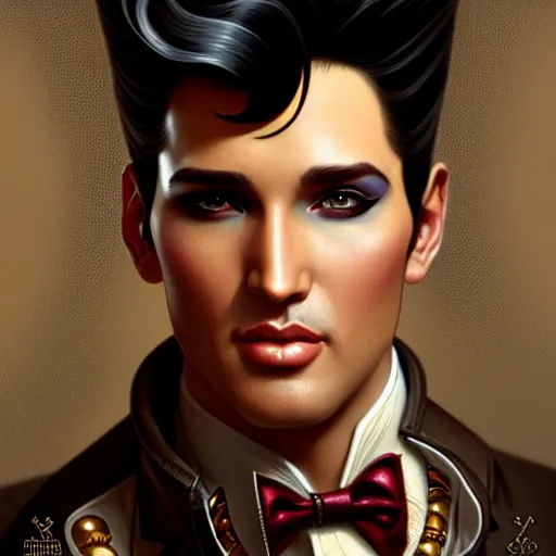 Prompt: a cinematic portrait scene male steampunk elvis presley, intricate, elegant, highly detailed, digital painting, artstation, concept art, smooth, sharp focus, illustration, art by artgerm and greg rutkowski and alphonse mucha