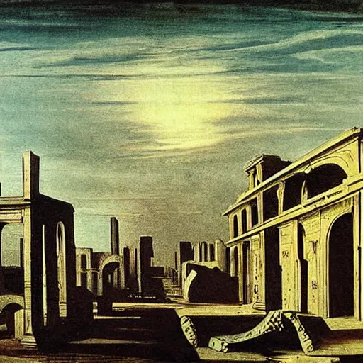 Image similar to the ruins of an old overgrown city at the end of times painting by de chirico