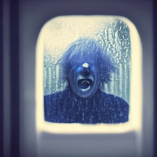 Image similar to photo of dark blue rainy bedroom window at night, dimly lit creepy | screaming face of boris johnson staring in through the window, bloody hands, horror, scary face, demonic face,