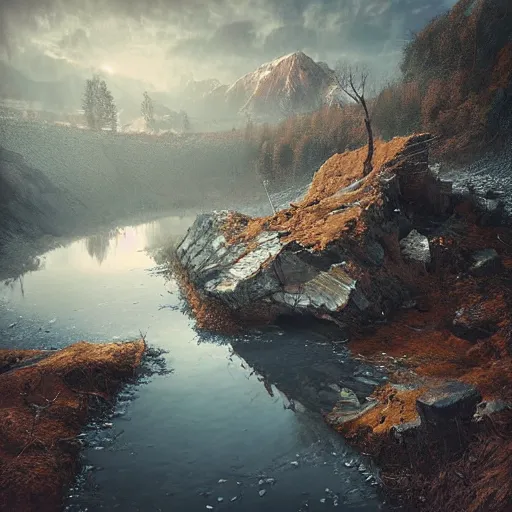 Image similar to michal karcz grunge painting of a beautiful landscape. , detailed, elegant, intricate, 4k,